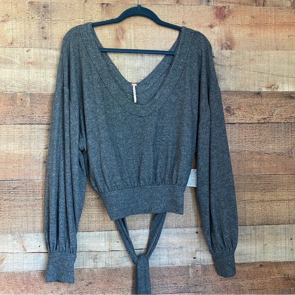 Free People Large Gray Long Sleeve Deep V-Neck Sweater with Tie